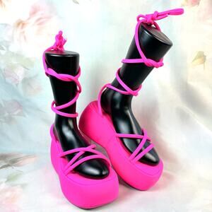 New Public Desire Full Moon Hot Neon Pink Nylon Lace Up Chunky Platform Sandals